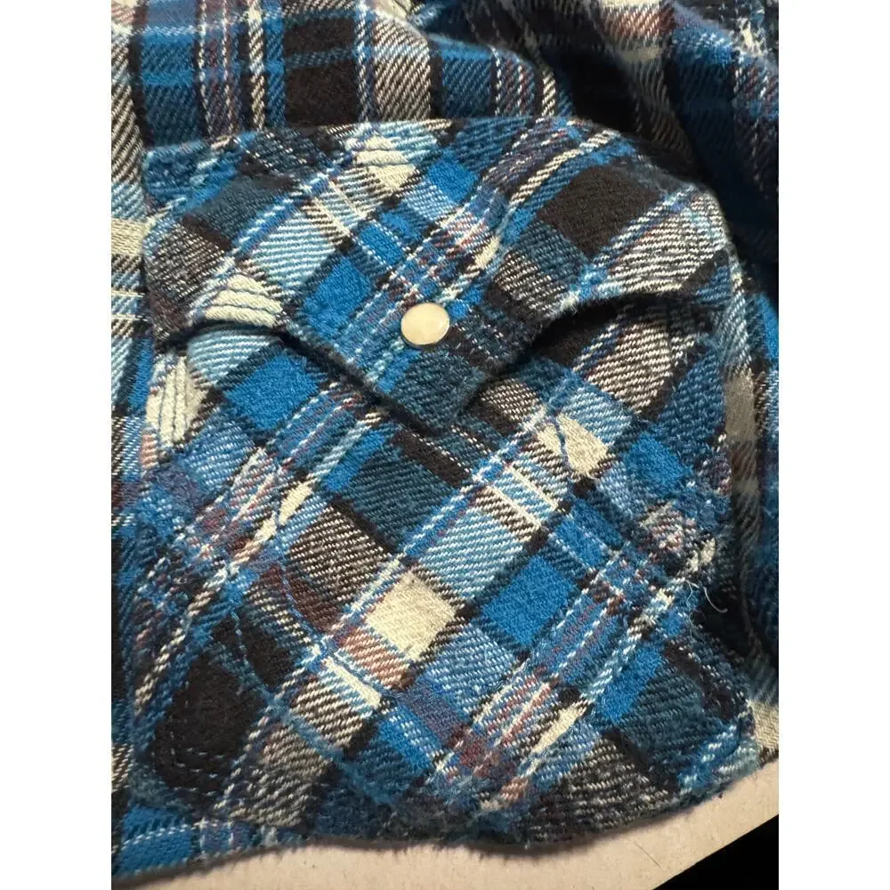 True Religion Western Plaid Flannel Shirt Blue Black White Pearl Snap XL